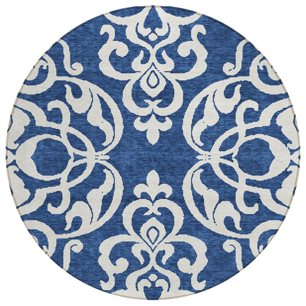 HomeRoots 5' Elegant Navy Blue and Ivory Damask Area Rug – Machine Washable for Indoor and Outdoor Use 8' Round 614445