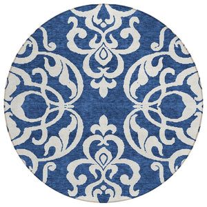 HomeRoots 5' Elegant Navy Blue and Ivory Damask Area Rug – Machine Washable for Indoor and Outdoor Use 8' Round 614445