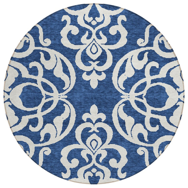 HomeRoots 5' Elegant Navy Blue and Ivory Damask Area Rug – Machine Washable for Indoor and Outdoor Use 8' Round 614445