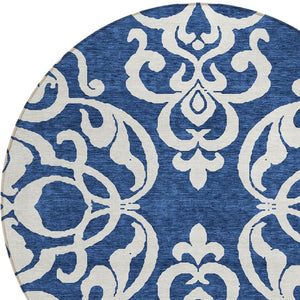 HomeRoots 5' Elegant Navy Blue and Ivory Damask Area Rug – Machine Washable for Indoor and Outdoor Use 8' Round 614445