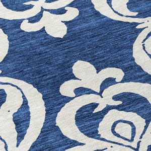 HomeRoots 5' Elegant Navy Blue and Ivory Damask Area Rug – Machine Washable for Indoor and Outdoor Use 8' Round 614445
