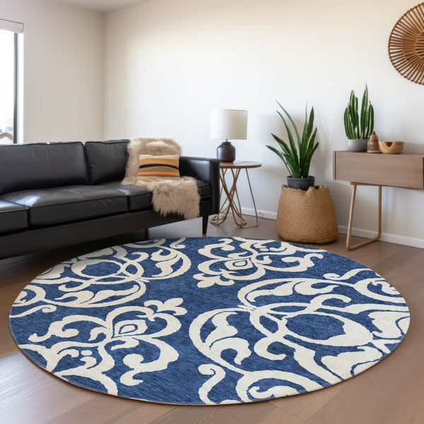 HomeRoots 5' Elegant Navy Blue and Ivory Damask Area Rug – Machine Washable for Indoor and Outdoor Use 8' Round 614445