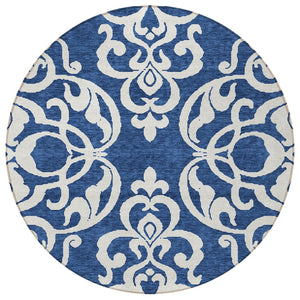 HomeRoots 5' Elegant Navy Blue and Ivory Damask Area Rug – Machine Washable for Indoor and Outdoor Use 8' Round 614445