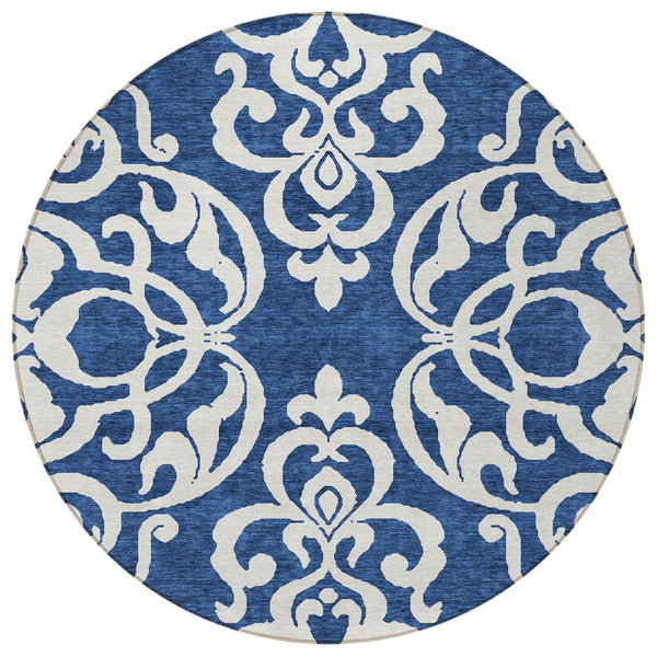 HomeRoots 5' Elegant Navy Blue and Ivory Damask Area Rug – Machine Washable for Indoor and Outdoor Use 8' Round 614445