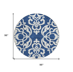 HomeRoots 5' Elegant Navy Blue and Ivory Damask Area Rug – Machine Washable for Indoor and Outdoor Use 8' Round 614445