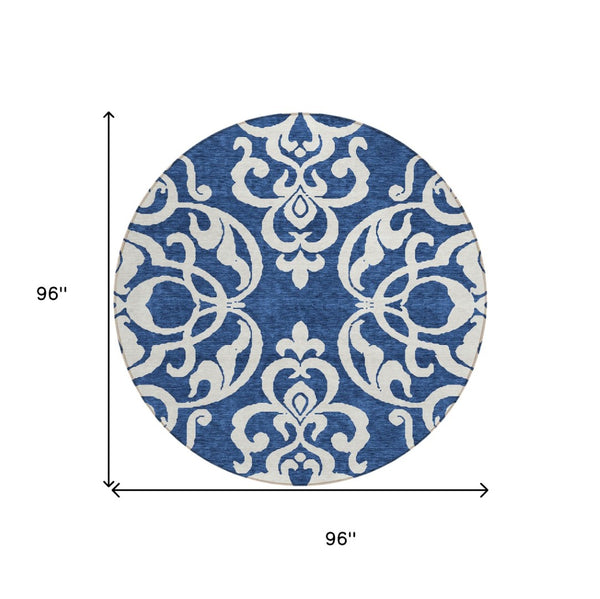 HomeRoots 5' Elegant Navy Blue and Ivory Damask Area Rug – Machine Washable for Indoor and Outdoor Use 8' Round 614445