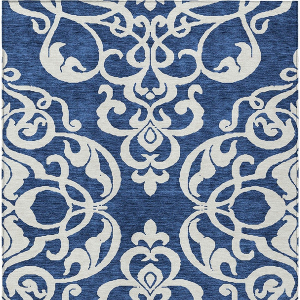 HomeRoots 5' Elegant Navy Blue and Ivory Damask Area Rug – Machine Washable for Indoor and Outdoor Use 8' X 10' 614446