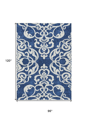 HomeRoots 5' Elegant Navy Blue and Ivory Damask Area Rug – Machine Washable for Indoor and Outdoor Use 8' X 10' 614446