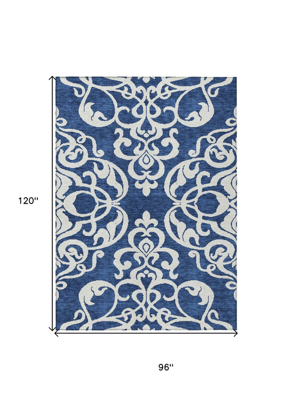 HomeRoots 5' Elegant Navy Blue and Ivory Damask Area Rug – Machine Washable for Indoor and Outdoor Use 8' X 10' 614446