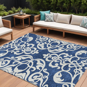 HomeRoots 5' Elegant Navy Blue and Ivory Damask Area Rug – Machine Washable for Indoor and Outdoor Use 8' X 10' 614446