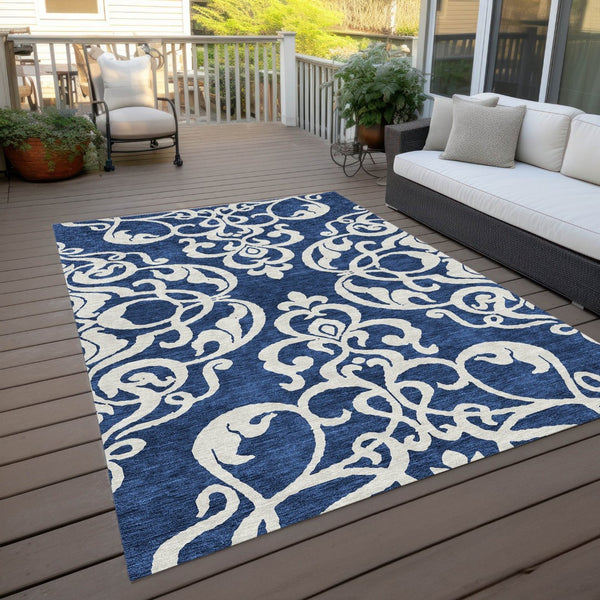 HomeRoots 5' Elegant Navy Blue and Ivory Damask Area Rug – Machine Washable for Indoor and Outdoor Use 8' X 10' 614446
