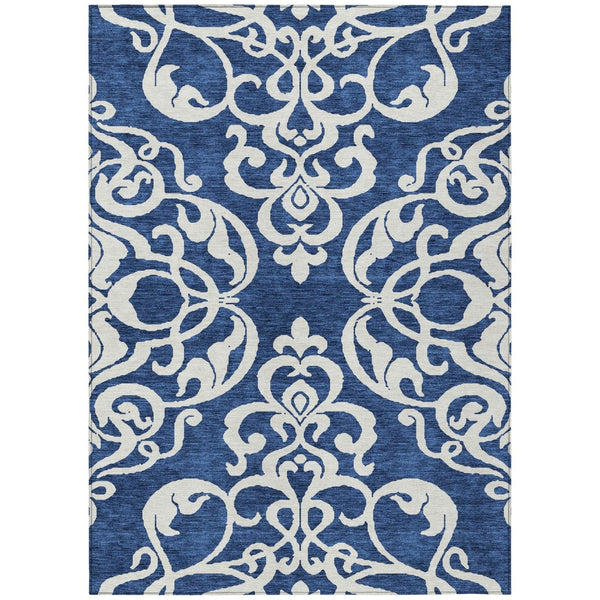 HomeRoots 5' Elegant Navy Blue and Ivory Damask Area Rug – Machine Washable for Indoor and Outdoor Use 8' X 10' 614446