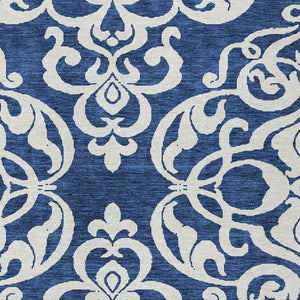 HomeRoots 5' Elegant Navy Blue and Ivory Damask Area Rug – Machine Washable for Indoor and Outdoor Use 8' X 10' 614446