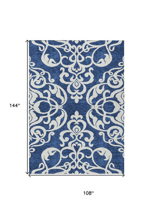 HomeRoots 5' Elegant Navy Blue and Ivory Damask Area Rug – Machine Washable for Indoor and Outdoor Use 9' X 12' 614447