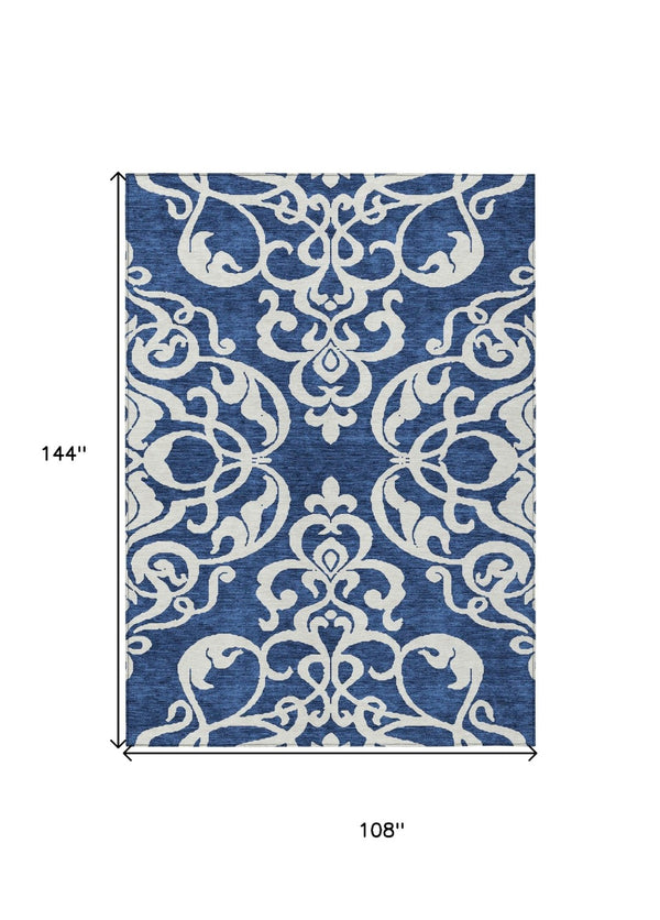HomeRoots 5' Elegant Navy Blue and Ivory Damask Area Rug – Machine Washable for Indoor and Outdoor Use 9' X 12' 614447