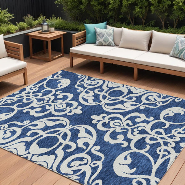 HomeRoots 5' Elegant Navy Blue and Ivory Damask Area Rug – Machine Washable for Indoor and Outdoor Use 9' X 12' 614447