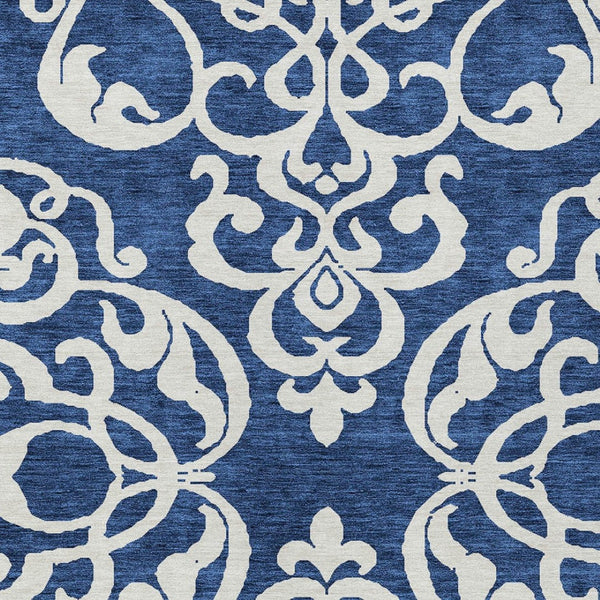HomeRoots 5' Elegant Navy Blue and Ivory Damask Area Rug – Machine Washable for Indoor and Outdoor Use 9' X 12' 614447