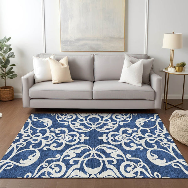 HomeRoots 5' Elegant Navy Blue and Ivory Damask Area Rug – Machine Washable for Indoor and Outdoor Use 9' X 12' 614447