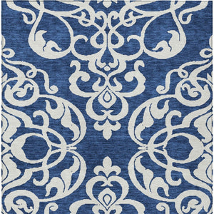 HomeRoots 5' Elegant Navy Blue and Ivory Damask Area Rug – Machine Washable for Indoor and Outdoor Use 10' X 14' 614448