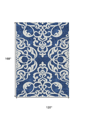 HomeRoots 5' Elegant Navy Blue and Ivory Damask Area Rug – Machine Washable for Indoor and Outdoor Use 10' X 14' 614448