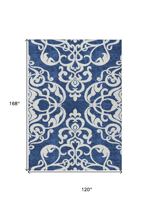 HomeRoots 5' Elegant Navy Blue and Ivory Damask Area Rug – Machine Washable for Indoor and Outdoor Use 10' X 14' 614448