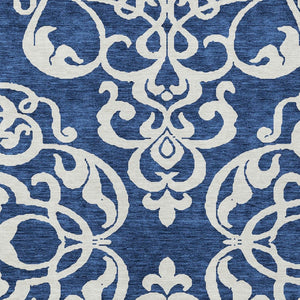 HomeRoots 5' Elegant Navy Blue and Ivory Damask Area Rug – Machine Washable for Indoor and Outdoor Use 10' X 14' 614448