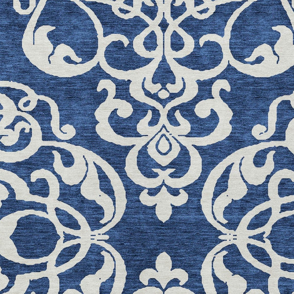HomeRoots 5' Elegant Navy Blue and Ivory Damask Area Rug – Machine Washable for Indoor and Outdoor Use 10' X 14' 614448