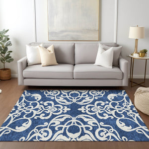 HomeRoots 5' Elegant Navy Blue and Ivory Damask Area Rug – Machine Washable for Indoor and Outdoor Use 10' X 14' 614448
