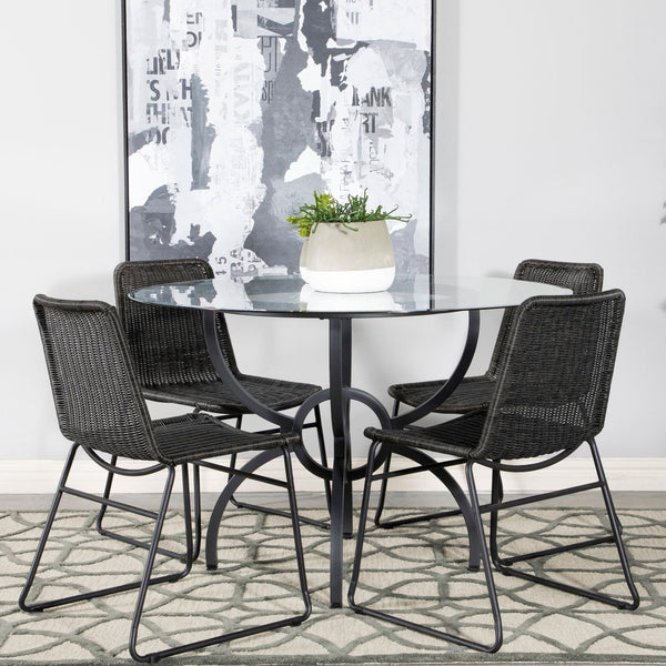 English Elm Marina Round Glass Top Dining Table with Sculptural Gunmetal Base Seats Four B062S01809