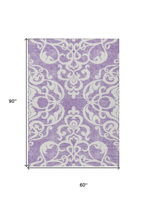 HomeRoots 5' Elegant Purple and Ivory Damask Area Rug - Durable, Washable Design for Indoor & Outdoor Spaces 5' X 8' 614450