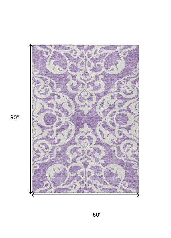 HomeRoots 5' Elegant Purple and Ivory Damask Area Rug - Durable, Washable Design for Indoor & Outdoor Spaces 5' X 8' 614450