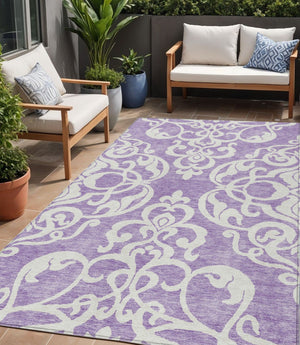 HomeRoots 5' Elegant Purple and Ivory Damask Area Rug - Durable, Washable Design for Indoor & Outdoor Spaces 5' X 8' 614450