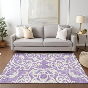 HomeRoots 5' Elegant Purple and Ivory Damask Area Rug - Durable, Washable Design for Indoor & Outdoor Spaces 5' X 8' 614450