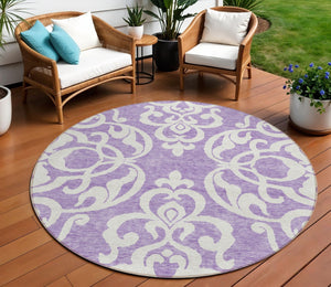 HomeRoots 5' Elegant Purple and Ivory Damask Area Rug - Durable, Washable Design for Indoor & Outdoor Spaces 8' Round 614451