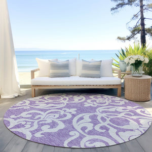 HomeRoots 5' Elegant Purple and Ivory Damask Area Rug - Durable, Washable Design for Indoor & Outdoor Spaces 8' Round 614451