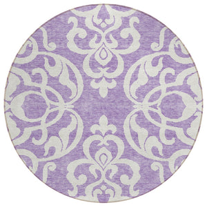 HomeRoots 5' Elegant Purple and Ivory Damask Area Rug - Durable, Washable Design for Indoor & Outdoor Spaces 8' Round 614451