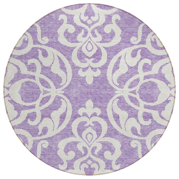HomeRoots 5' Elegant Purple and Ivory Damask Area Rug - Durable, Washable Design for Indoor & Outdoor Spaces 8' Round 614451