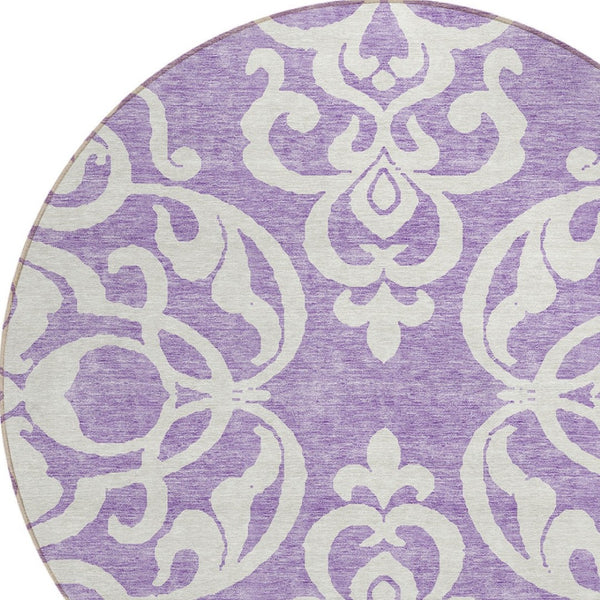 HomeRoots 5' Elegant Purple and Ivory Damask Area Rug - Durable, Washable Design for Indoor & Outdoor Spaces 8' Round 614451