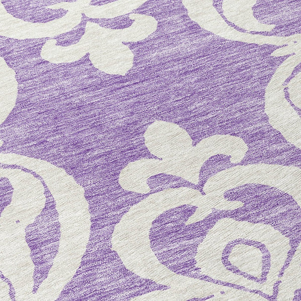 HomeRoots 5' Elegant Purple and Ivory Damask Area Rug - Durable, Washable Design for Indoor & Outdoor Spaces 8' Round 614451