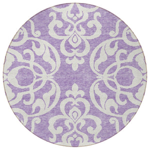 HomeRoots 5' Elegant Purple and Ivory Damask Area Rug - Durable, Washable Design for Indoor & Outdoor Spaces 8' Round 614451