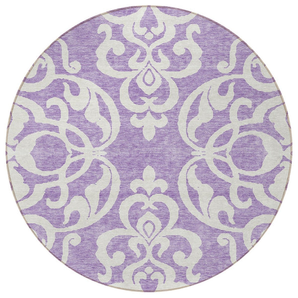 HomeRoots 5' Elegant Purple and Ivory Damask Area Rug - Durable, Washable Design for Indoor & Outdoor Spaces 8' Round 614451