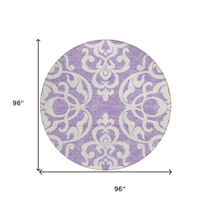 HomeRoots 5' Elegant Purple and Ivory Damask Area Rug - Durable, Washable Design for Indoor & Outdoor Spaces 8' Round 614451