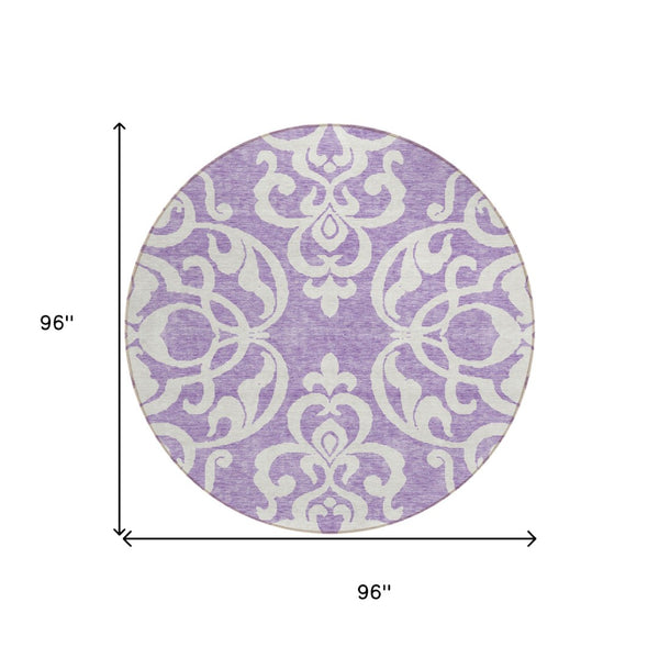 HomeRoots 5' Elegant Purple and Ivory Damask Area Rug - Durable, Washable Design for Indoor & Outdoor Spaces 8' Round 614451
