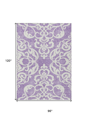 HomeRoots 5' Elegant Purple and Ivory Damask Area Rug - Durable, Washable Design for Indoor & Outdoor Spaces 8' X 10' 614452