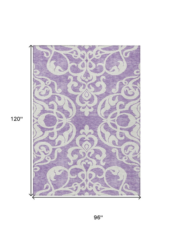 HomeRoots 5' Elegant Purple and Ivory Damask Area Rug - Durable, Washable Design for Indoor & Outdoor Spaces 8' X 10' 614452