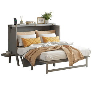 English Elm Queen Murphy Cabinet Bed Solid Pine Build with Usb Charging and Fold Out Desktop Grey W504S00167