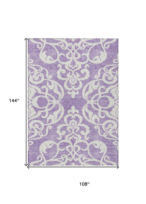 HomeRoots 5' Elegant Purple and Ivory Damask Area Rug - Durable, Washable Design for Indoor & Outdoor Spaces 9' X 12' 614453
