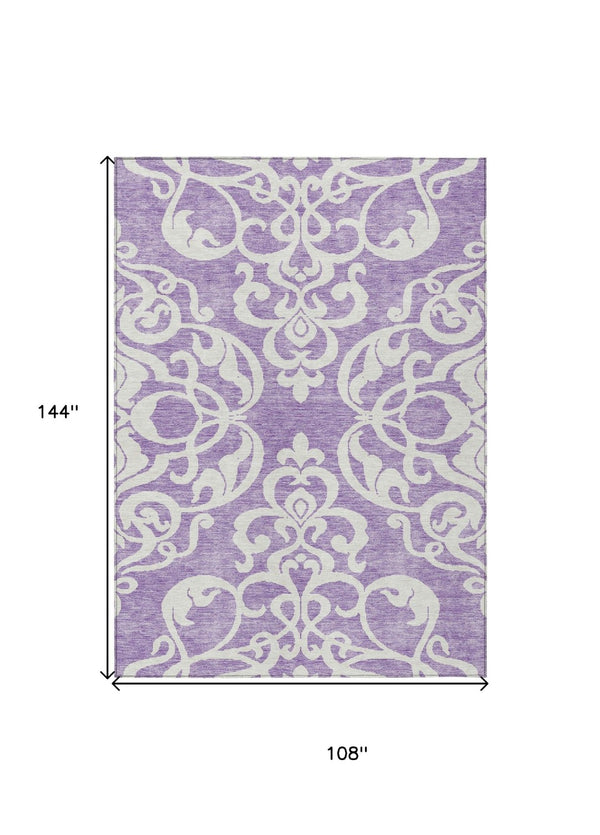 HomeRoots 5' Elegant Purple and Ivory Damask Area Rug - Durable, Washable Design for Indoor & Outdoor Spaces 9' X 12' 614453