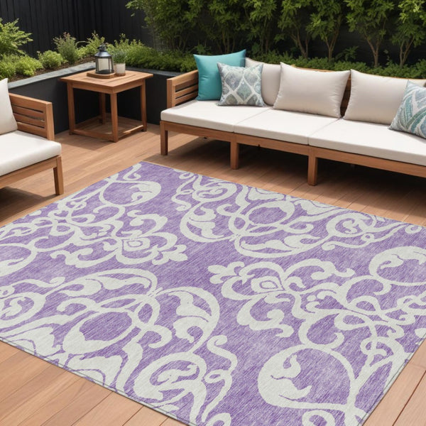 HomeRoots 5' Elegant Purple and Ivory Damask Area Rug - Durable, Washable Design for Indoor & Outdoor Spaces 9' X 12' 614453