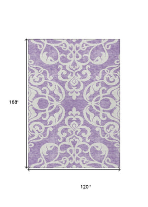 HomeRoots 5' Elegant Purple and Ivory Damask Area Rug - Durable, Washable Design for Indoor & Outdoor Spaces 10' X 14' 614454